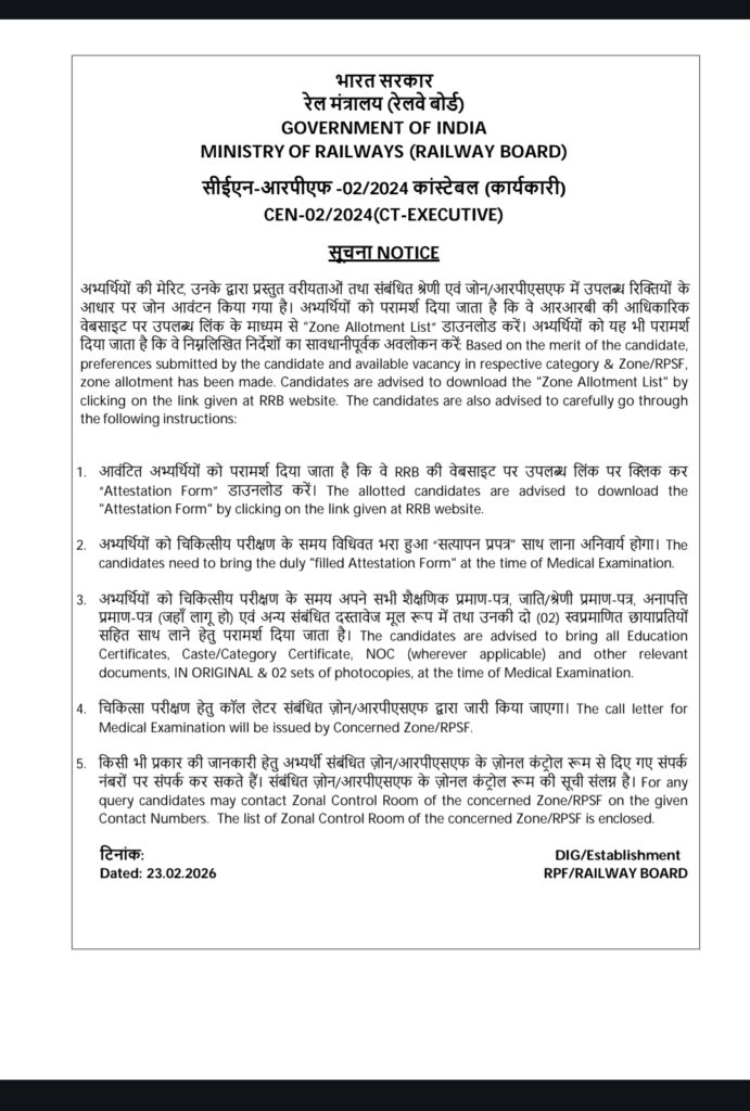 RPF Constable Zone Allotment List Notice 2026