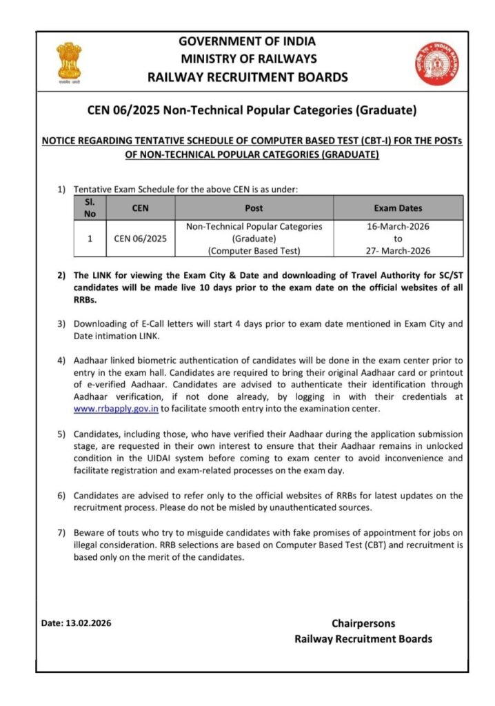 RRB NTPC Graduate Level Exam Date 2026